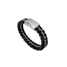 INSPIRIT Men's Black Leather and Stainless Steel Bracelet