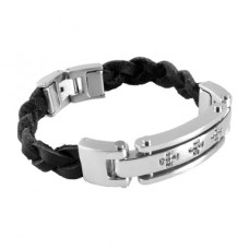 INSPIRIT Men's Leather and Stainless Steel Bracelet with CZ Stones