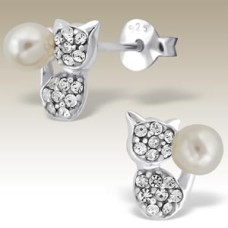 Kids Crystal and Pearl Cat Earrings
