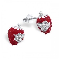Kids Strawberry Silver Cubic Zirconia Stud Earrings