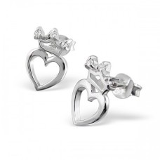 Kids Silver Heart Crown Stud Earrings