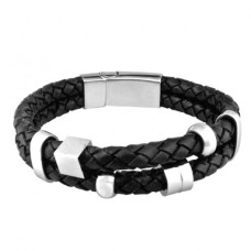 INSPIRIT Men's Double Plaited Leather and Stainless Steel Bracelet