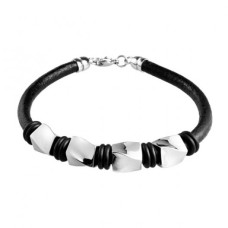 INSPIRIT Men's Black Leather and Stainless Steel twisted block Bracelet