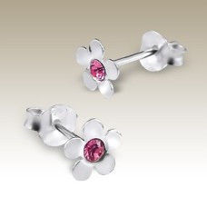Kids Silver Pink Crystal Flower Stud Earrings
